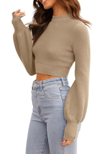Image of Womens Sexy Crew Neck Cropped Sweaters Knit Long Sleeve Crop Tops Pullover | Ribbed Knit, Long Sleeve, Crop Tops, Pullover,Crew Neck