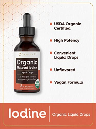 Organic Nascent Iodine Liquid Drops | 2 Fl Oz | Vegan Supplement | Non-Gmo, Gluten Free | By Carlyle #TOP2