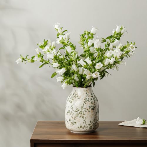 Image of Ceramic Flower Vase | Green Rustic Farmhouse Vase for Home Decor, Vintage Floral Tuscan Decorative Pottery Vase for Living Room & Kitchen, Centerpieces, Mantel & Bookshelf, Entryway, Wedding(7.8 Inch)