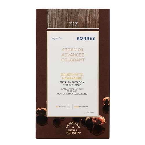 KORRES Argan Oil Colorant - tinte sin amoniaco con aceite de argán orgánico Rubio Medio Beige 7.17-100% cobertura de canas & vegano para un resultado de color duradero
