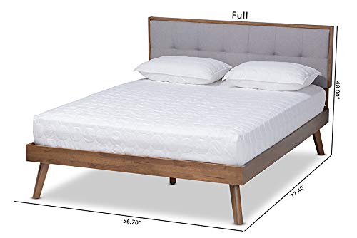 Baxton Studio Alke Mid-Century Modern Light Grey Fabric Upholstered Walnut Brown Finished Wood Queen Size Platform Bed #TOP1