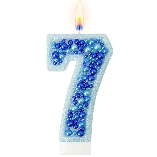 AEYSYU Blue Pearl Number 7 Cake Topper Candle, Glitter Dessert Decoration Accent for Celebration Cake Display and Table Styling