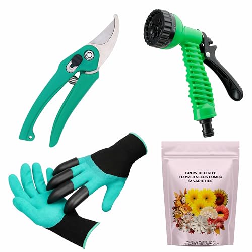 GROW DELIGHT Gardening Tools Kit-4 Pcs (Garden Gloves with Claws, Garden Pruner, Water Spray Gun, Flower Seeds Packet) | Durable Gardening Tools | Home Gardening Tool Kit