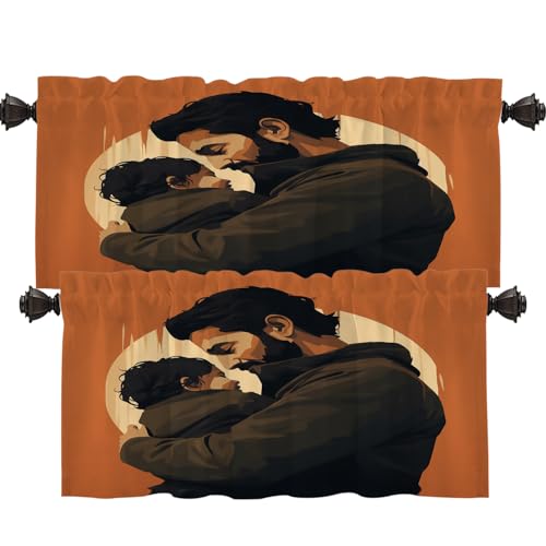 Shrahala Father Holding Child Blackout Short Curtains for Windows, Orange and Brown Kitchen Valance Thermal Insulated Rod Pocket Window Treatment for Bathroom 2 Pack 52 X 18 in