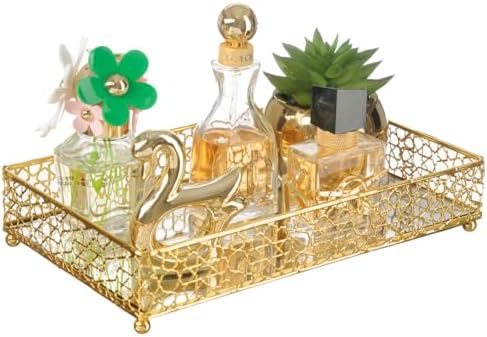 Bandeja Decorativa Com Espelho P/Cosméticos Banheiro Lavabo (Dour...