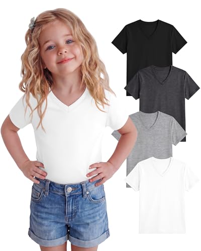 Oakgarden 4 Pack Toddler Girls V-Neck T Shirts Short Sleeve Loose Fit Tops Kids Summer Casual Solid Basic Tees for 18M-5T(Dark Mottled Gray, White, Light Mottled Gray, Black,18-24 Months)