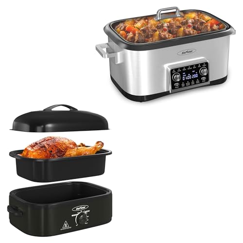 Sunvivi 14 Quart Roaster Oven & 8 Quart Slow Cooker Bundle, Electric Roaster Oven with Self-Basting Lid, 12 in 1 programmable Multi-Cooker Food Warmer with Digital Timer