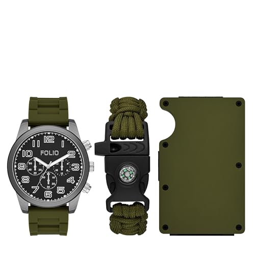 Folio Men's Gunmetal Gray and Green Silicone Strap Watch, Bracelet and Accessories Gift Set (Model: FMDFL6048)
