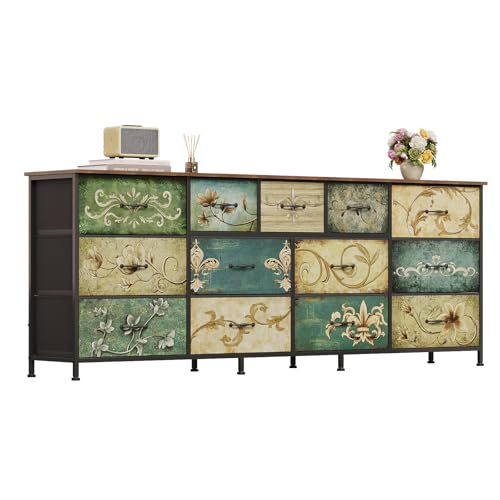 VEDECASA Commode à 9 tiroirs extra large en tissu avec motif floral rétro - Commode longue avec dessus en bois et cadre en métal (13 tiroirs)