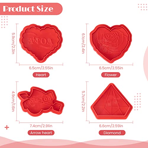 Fvvmeed 4 Pieces Valentine's Day Love Couple Rose Diamond Biscuit Cutters Cookie Stamps Plunger Cutter Fondant Molds Embossing Spring Mold Press Cupcake Gum Paste Sugar Craft Decorating Baking Tool #TOP2