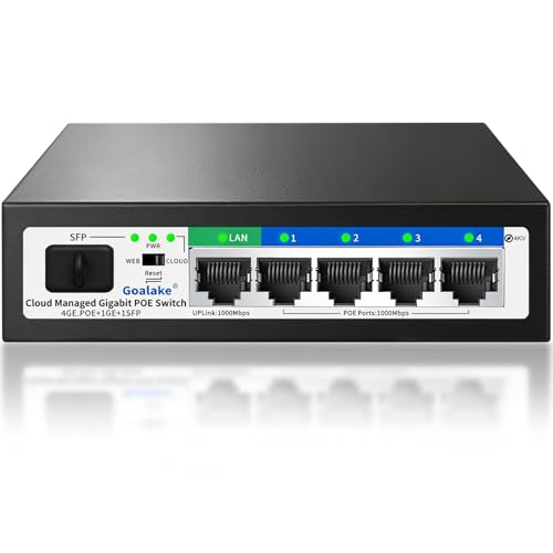 Goalake 6-Port Gigabit PoE+ Switch, 4 PoE Ports 52W, 1 Uplink + 1 SFP Slot, Easy Smart Managed via Web/App, Fanless Metal, Plug & Play, VLAN, QOS, Overload Protection, for Home Office by Goalake - Used condition - US$24.66