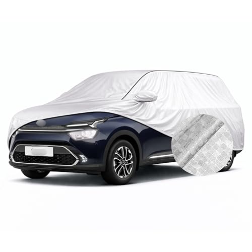 Image of SEAZEN Waterproof Car Cover for Kia Carens | Dustproof, UV & Scratch Resistant Soft Cotton Lining | Triple Stitched, Mirror Pockets & Elastic Hem | Metallic Silver with Black Piping
