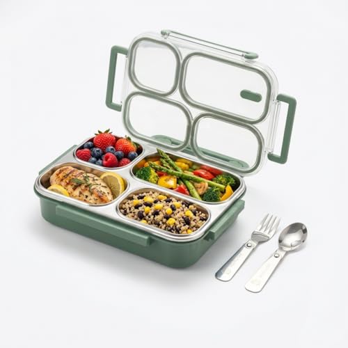 WORTHBUY Bento Box Adult Lunch Box - Microwave Safe Stainless Steel Meal Prep Containers, 1200ML Large Capacity 4-Compartment Leak Proof Food Container with Handle & Utensils for Work, Office [Green]