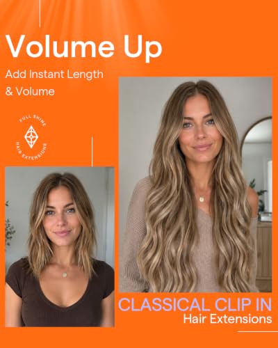Image of Full Shine Human Hair Clip in Extensions Brown Balayage | Remy Hair Extensions, Balayage Brown to Blonde Ombre, Clip in Hair Extensions, for Thinning Hair, 16 Inch 7 Pcs 120g