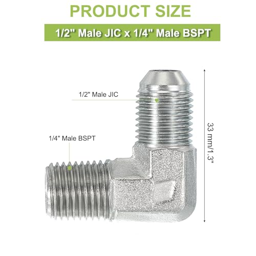 Image of PATIKIL 90 Degree Pipe Adapter, 1 /2 inch Male 37 Flare JIC x 1 /4 inch BSPT Male Connector Carbon Steel Elbow Fitting for Air Hydraulic Fluid Fuel Water Oil, Silver