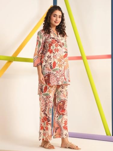 Image of DHRUVI TRENDZ Kurta Sets for Woman | Co ord Set for Women Stylish | Kurti Set for Woman | Short Kurti for Women | Kurtis | Ethnic Floral Straight Kurta Set's with Palazzo Pants
