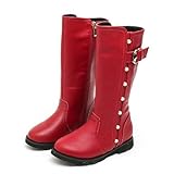 Kleid kekafu Mädchen Kinderschuhe Leder Herbst Winter Flaum Futter Mode Stiefel Stiefel Mid-Calf Niet Schnalle für Hochzeit Kleid Rot Grau Schwarz, Rot, US 11,5 / EU 29/UK 10,5 kleine Kinder