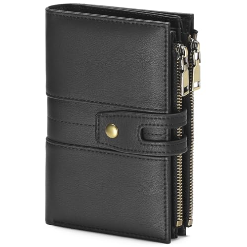 Genuine Leather Wallet for Women RFID Blocking Bifold with Double Zipper Pockets & 4 ID Windows (Black)