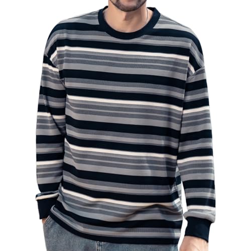 ZVX Men's Striped Long Sleeve Shirt for Adult Men, Classic Comfort, Color Blocking, X-Large, Black and Gray Stripes