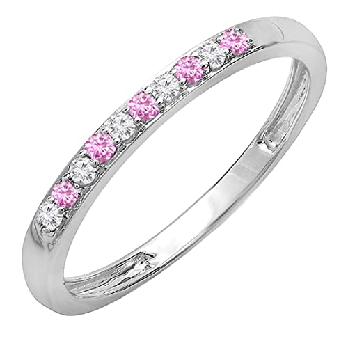Dazzlingrock Collection Round Pink Sapphire & White Diamond Alternate Stone Wedding Band for Women in 10K Solid Gold