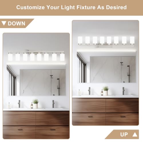 Image of IZORRO Bathroom Light Fixtures, Modern Vanity Lights, Bathroom Lighting Fixtures Over Mirror with Milky White Shade, Wall Sconce for Living Room Cabinet Bedroom (Brushed Nickel, 8-Light)