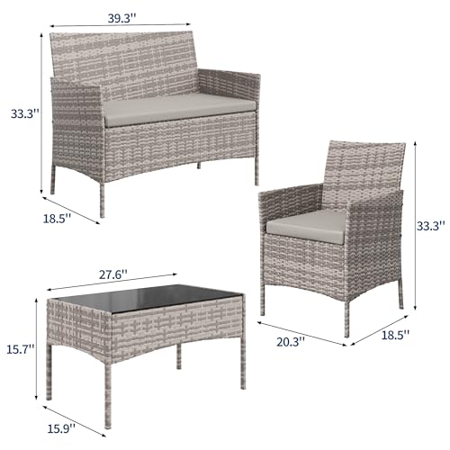 Image of GAOMON 4-Piece Patio Furniture Set, Modern PE Rattan Conversation Set with 2 Chairs, Loveseat & Tempered Glass Coffee Table, All-Weather Outdoor Seating for Garden, Porch, Balcony, Poolside