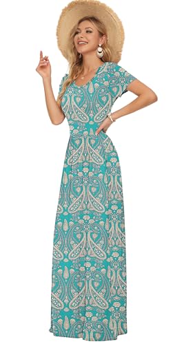 Maxi Robe Paisley Vert M AUSELILY Longue d'Été à Manches Courtes avec Poches - 2