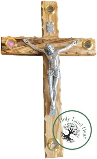 Wall Cross Crucifix – Holy Land Olive Wood Cross – 4 Glasses filled with Flowers, Incense, Stone and Olive Leaves – Religious Décor