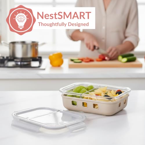 Image of Nestasia Glass Lunch Box with Silicone Sleeve (600ml) - Borosilicate Glass Lunch Box with 2 Compartments for Office | Microwave & Freezer Safe, Leak-Proof Tiffin Box with Clip Locks (Beige)