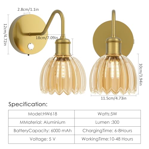 Image of 2 Pack Battery Powered Wall Sconce with Amber Tulip Glass Lampshade, Rechargeable Dimmable LED Wall Sconce for Living Room, Hallway, Bedroom, Dining Room