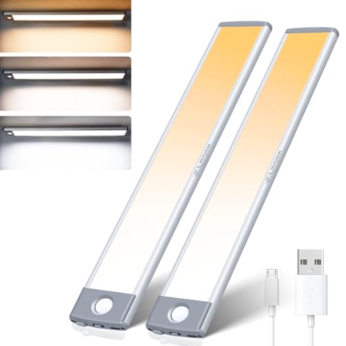YANEGRT Under Cabinet Lights, Dimmable 60 LED Motion Sensor Light Indoor 2 Pack- Wireless USB Rechargeable, 3 Color Magnetic Closet Light for Kitchen, Wardrobe Storage