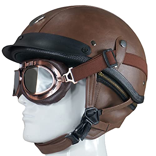 Demi-Casque De Moto En Cuir Rétro Casque Bol Moto Jet Pour Adulte De Style Pilote Vintage, Vélo Cruiser Chopper Cyclomoteur Scooter Casque De Moto Certifié DOT brown,XL Cover