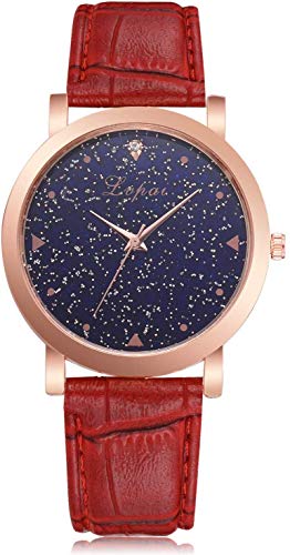 Damen-Armbanduhr Quarz-Armbanduhr mit rundem Zifferblatt Sternenhimmel Muster mit Lederband für Elegante Frauen, Rot