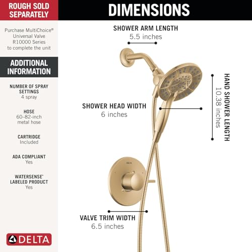 Image of Delta Faucet Albion 14 Series Single-Handle Shower Faucet, Gold Shower Trim Kit with 4-Setting In2ition 2-in-1 Dual Hand Held Shower Head with Hose, Champagne Bronze T142855-CZ-I (Valve Not Included)