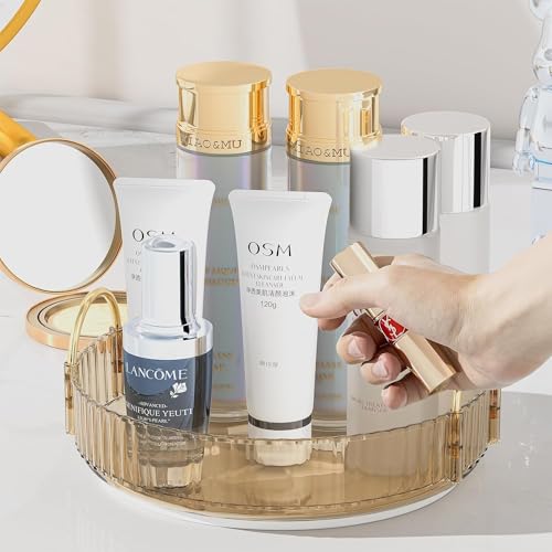 Image of 360 Rotating Makeup Organizer, Bathroom Make Up Spinning Holder Rack, Large Capacity Cosmetics Storage Vanity Shelf Countertop, Fits Cosmetics, Perfume, Skincare, Lipsticks (1 Tier, Amber)