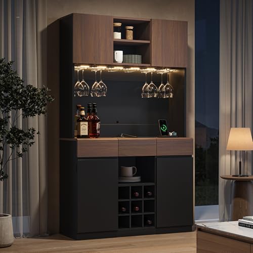 ModernMate 71" Wine Bar Cabinet with LED Lights, Modern Kitchen Pantry Hutch Cabinet with Storage, Black Home Coffee Bar with 3 Drawers, Wine Rack, Glass Holders for Dining Room, Kitchen