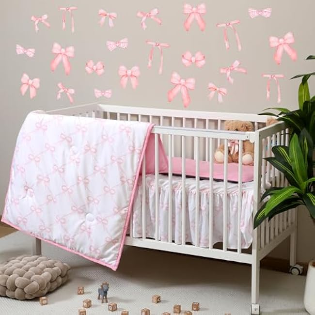 5 Pcs Pink Bow Theme Crib Bedding Set Include Bow Knot Print Crib Sheets Bed Skirt Comforter Pad Cover Wall Stickers for Girls Princess Nursery Room Decoration