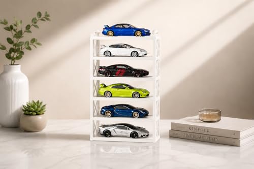 Image of 5-Car Display Rack - Premium Matte Black Tabletop Organizer with Tire Slots & Side Guards for 1:64 Scale Diecast Cars (Hot Wheels, Matchbox, Tomica,)(NO CAR INCLUDED) (White)