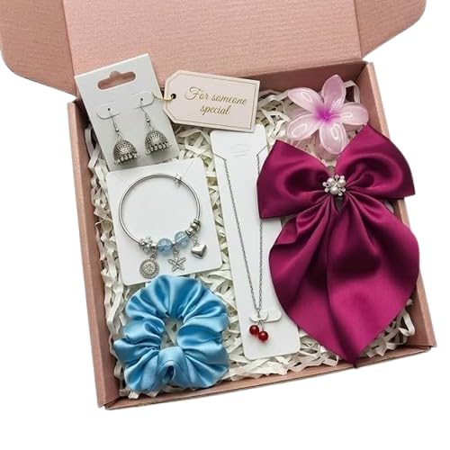 Women's Gift Hamper Box with Earrings, Bracelet, Necklace, Satin Scrunchie and Hair Bow, Birthday and Friendship Gift Set-image-31