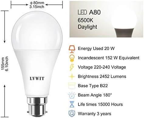Daylight 20W B22 LED Light Bulb, LVWIT Led Bayonet Bulbs Cold White 2452LM,Replace to 152W, 6500K Bright White, Non-Dimmable, 80 x 155mm,220-240V(Pack of 4)