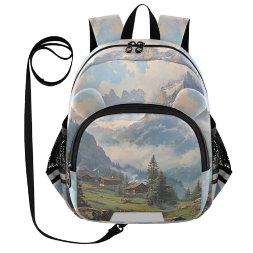 Alpine Chalet Mountainscape Toddler Harness Backpack for Boys Girls 3-6 Years Kids Backpack with Anti Lost Safety Leash Baby Harness Bookbag for Travel Walking Preschool