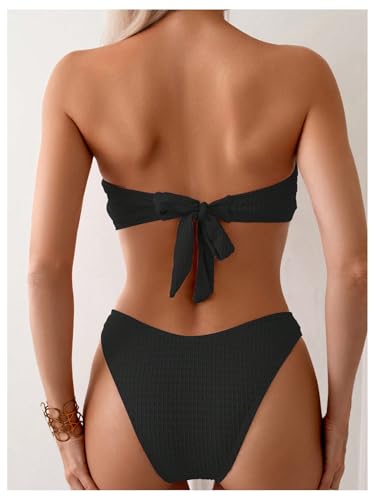 MakeMeChic Women's Two Piece Bikini Set 3D Flower Textured Strapless Bandeau Tie Back Bathing Suit4