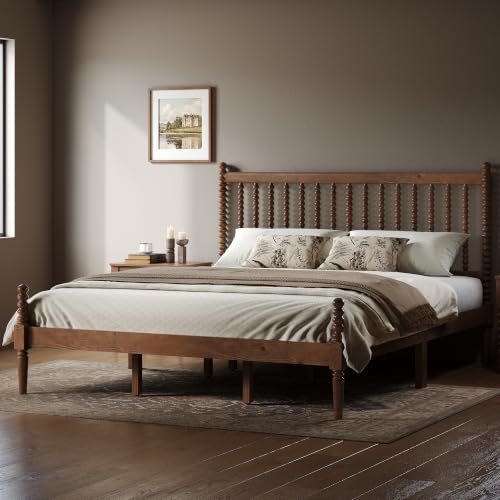 Image of AMERLIFE King Solid Wood Bed with Bobbin Spindle Headboard, Dark Walnut