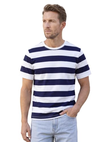 Image of Enorsia Mens T Shirt with Crew Neck Design, Short Sleeves, Striped Pattern Look and Relaxed Fit Mens t Shirt (UK, Alpha, XXL, Regular, Regular, Navy)