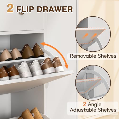 JUMMICO Wooden Shoe Storage Cabinet, Freestanding Shoe Cabinet with 2 Flip Drawer & Door, Hidden Shoe Organizer for Entryway, Hallway & Living Room, White by JUMMICO - Image 4
