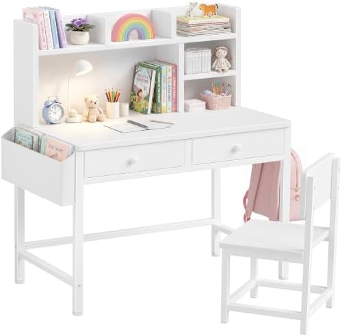 BOLUO White Kids Desk with Hutch for Kids Desk and Chair Set 10-1...
