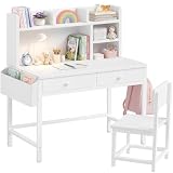 BOLUO White Kids Desk with Hutch for Kids Desk and Chair Set 10-12 Year Old, Children Study Desk with Fabric Drawer Storage for Girls Boys