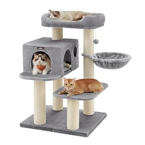 Feandrea Kratzbaum für große Katzen, XXL, hochbelastbar, Katzenturm mit 6 extra dicken Kratzsäulen, große Plattform, Höhle, Korb, flexibel aufbauen, abnehmbare, waschbare Kissen, hellgrau PCT01W