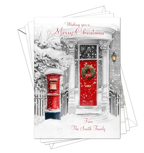 Personalised Christmas Cards Traditional Door Pack of 10 A5 Size with White Envelopes