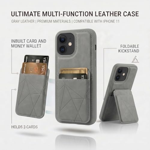 Image of amazon basics Premium Vegan Leather Back Cover with Card Holder and Integrated Mobile Stand for iPhone 11 - Slim Shockproof Wallet Case with Geometric Stitching [Gray]